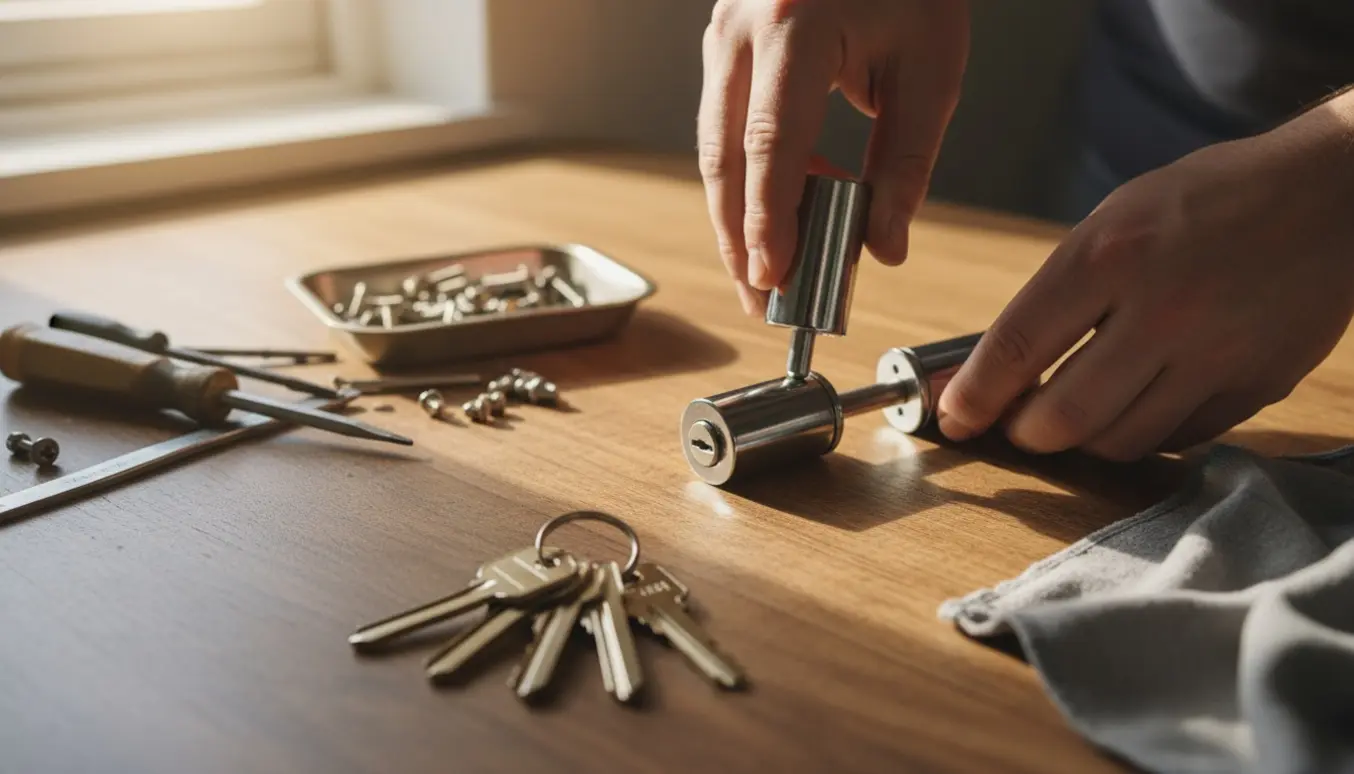 Hænder udskifter to låsecylindre i en loftlem med fem identiske nøgler på en nøglering i forgrunden.