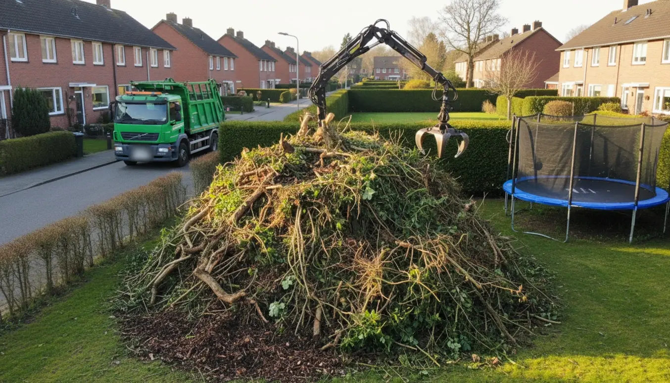 Stor bunke haveaffald med grene og hækklip bag en hæk ved en parcelhusgrund, klar til afhentning med en grab-lastbil.