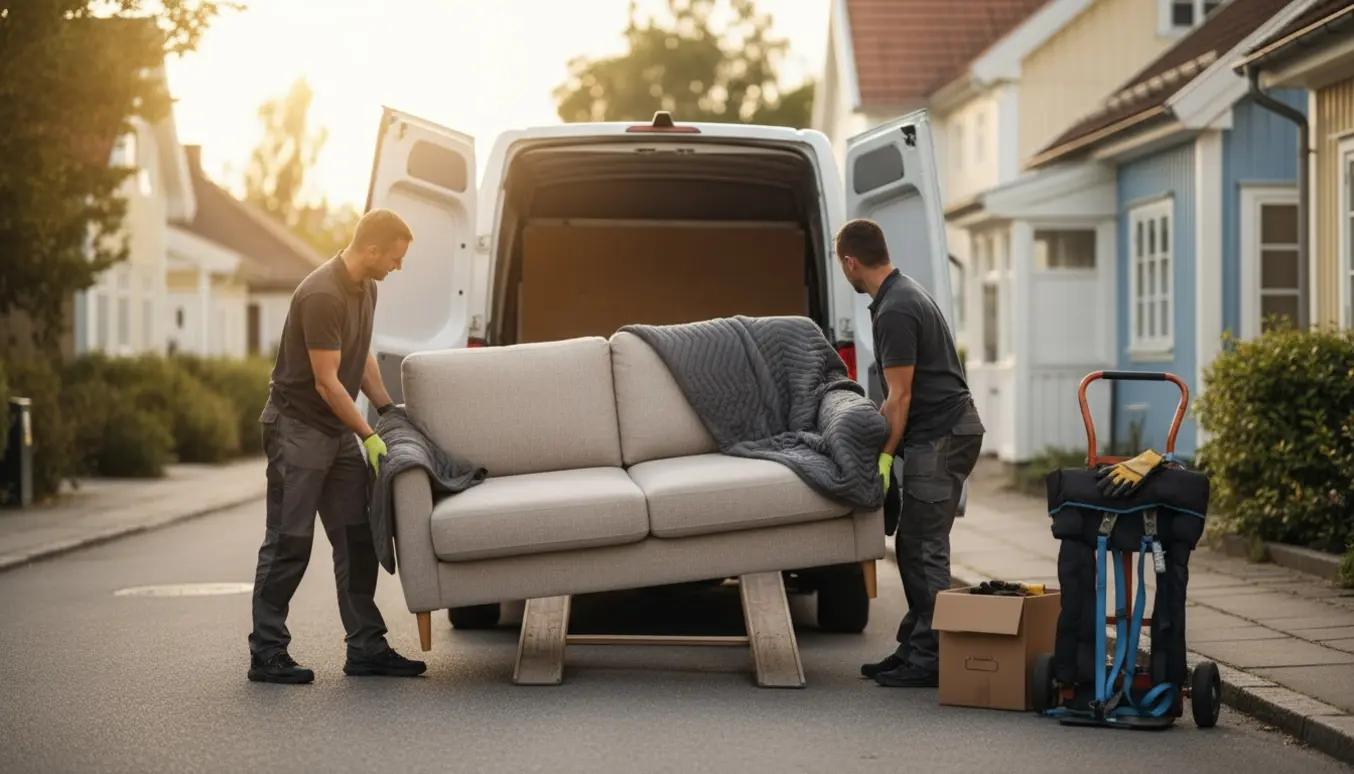 To personer læsser en 167 cm sofa ind i en flyttevogn ved en rolig dansk villavej.