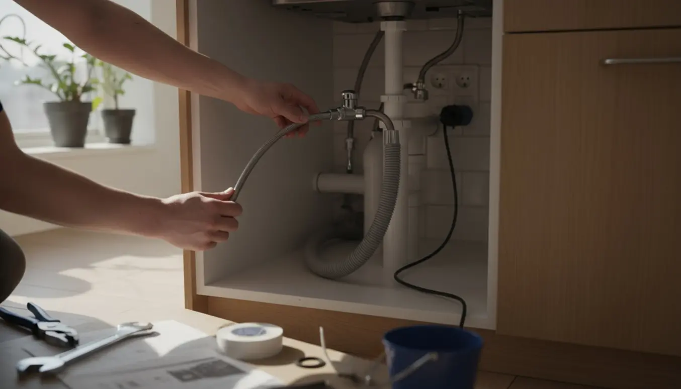 Hænder tilslutter slange og stikkontakt til vaskemaskine og opvaskemaskine i et lyst køkken.