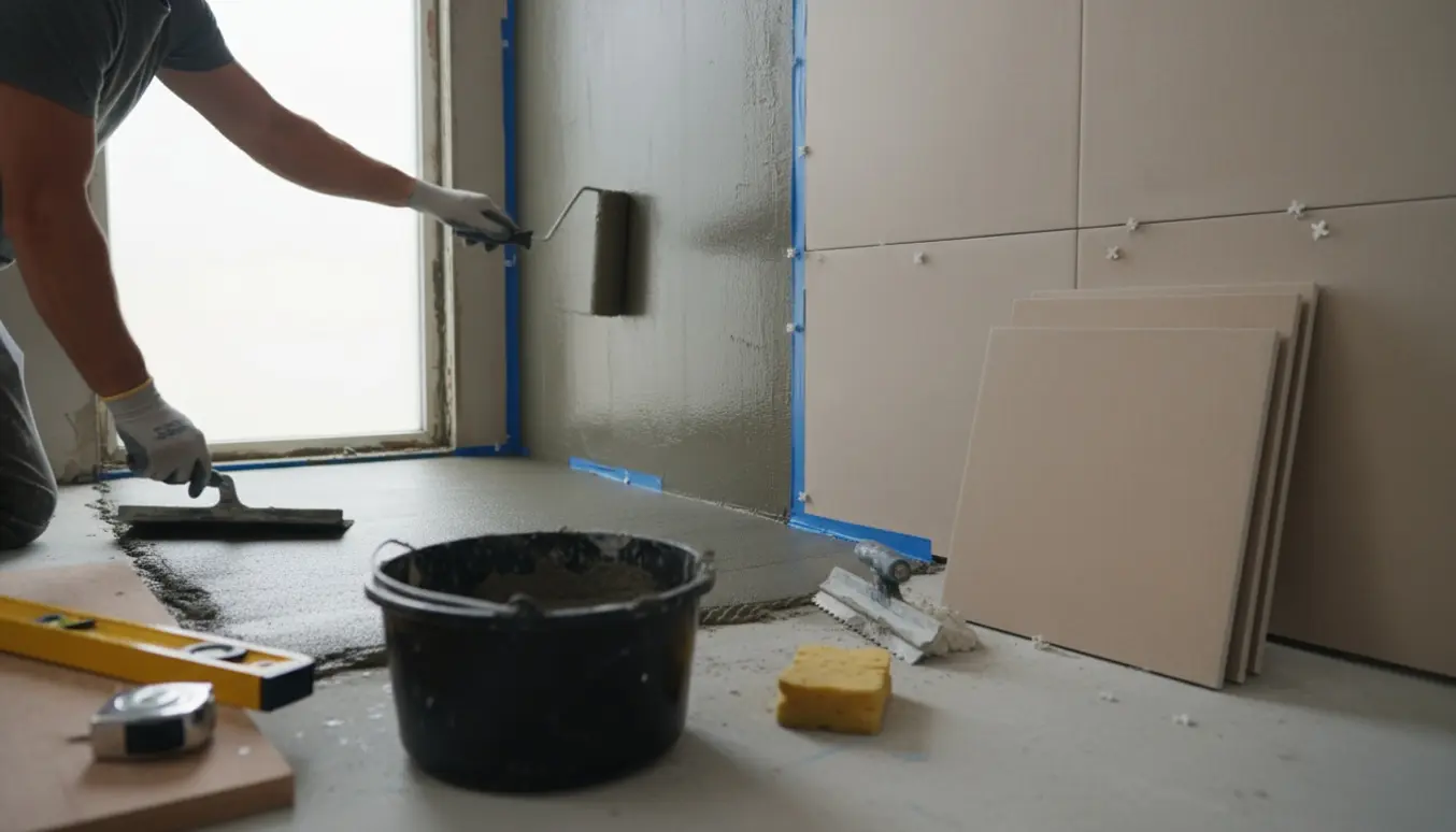 Vådrumsrenovering med påføring af vådromsmembran, afretningslag og en bunke kvadratiske fliser.