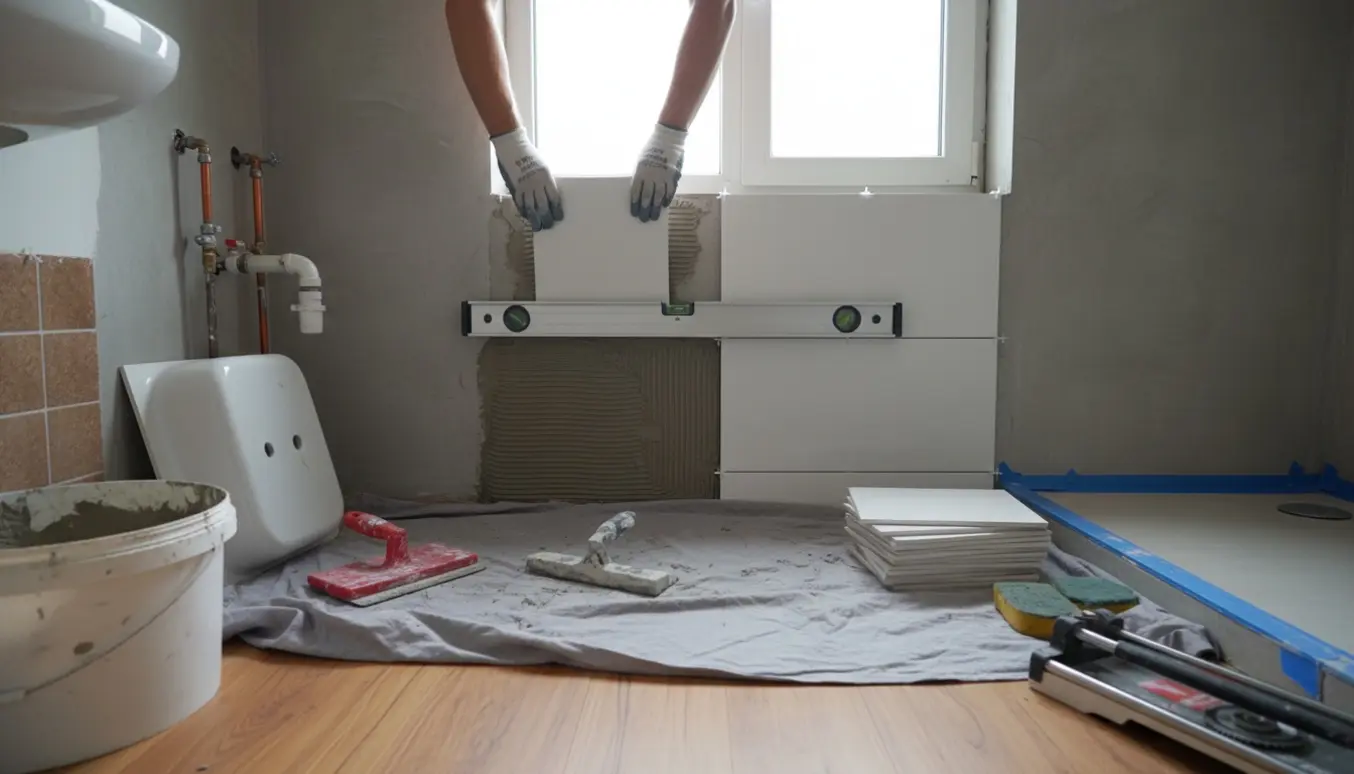 Nærbillede af montering af 30x30 hvide fliser på en microcementvæg i et lille badeværelse.