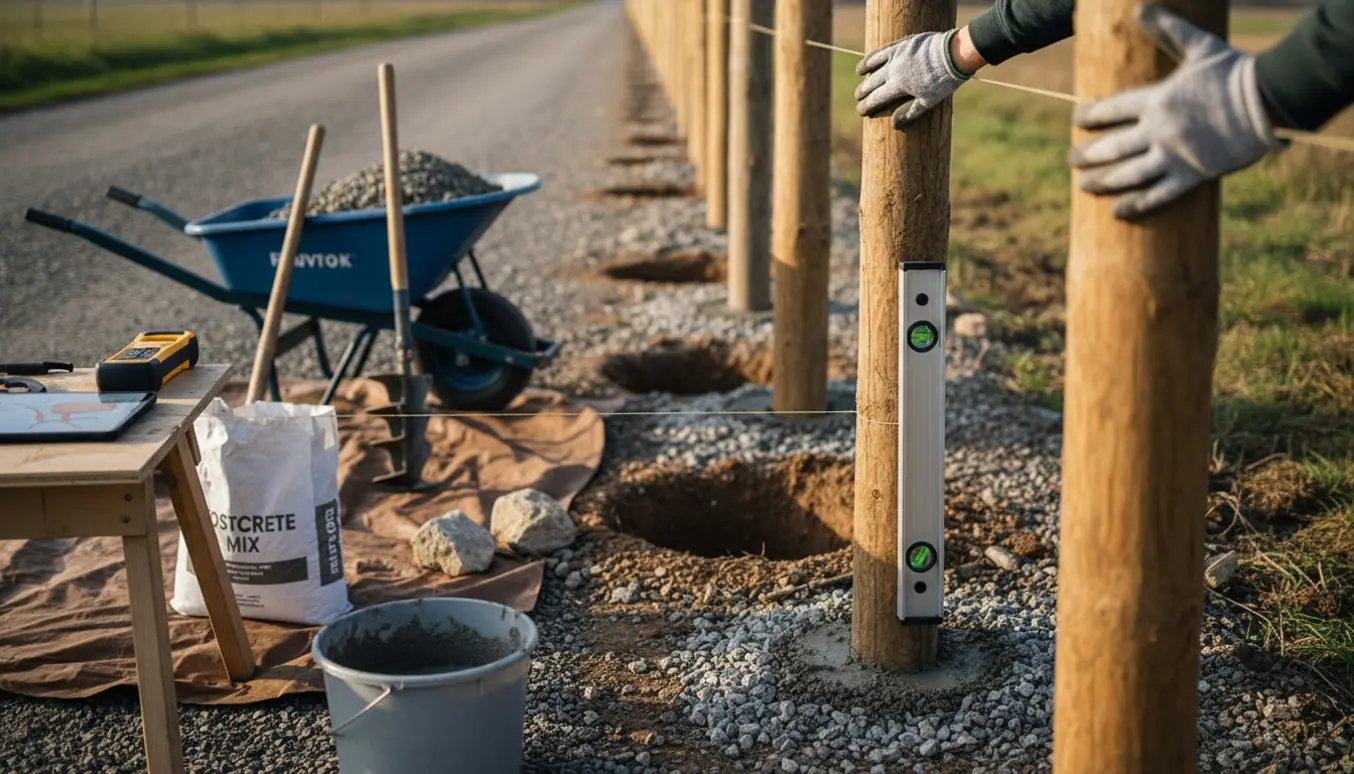 Række af hegnsstolper under nedstøbning ved en grusvej med værktøj og materialer i forgrunden.