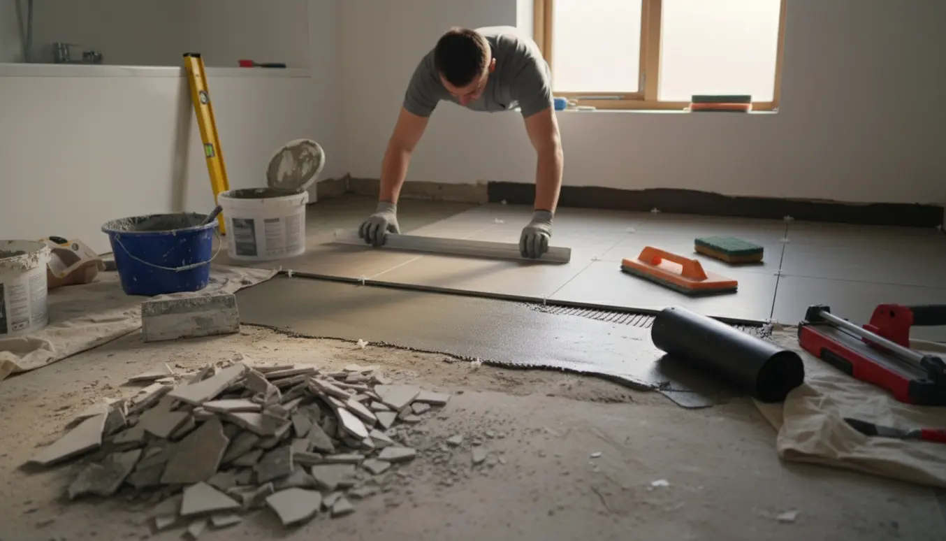 Badeværelse under renovering med gulvet afmonteret, håndværkerhænder der påfører nivelleringsmasse og vådrumssikring og nylagte fliser med afstandsstykker.