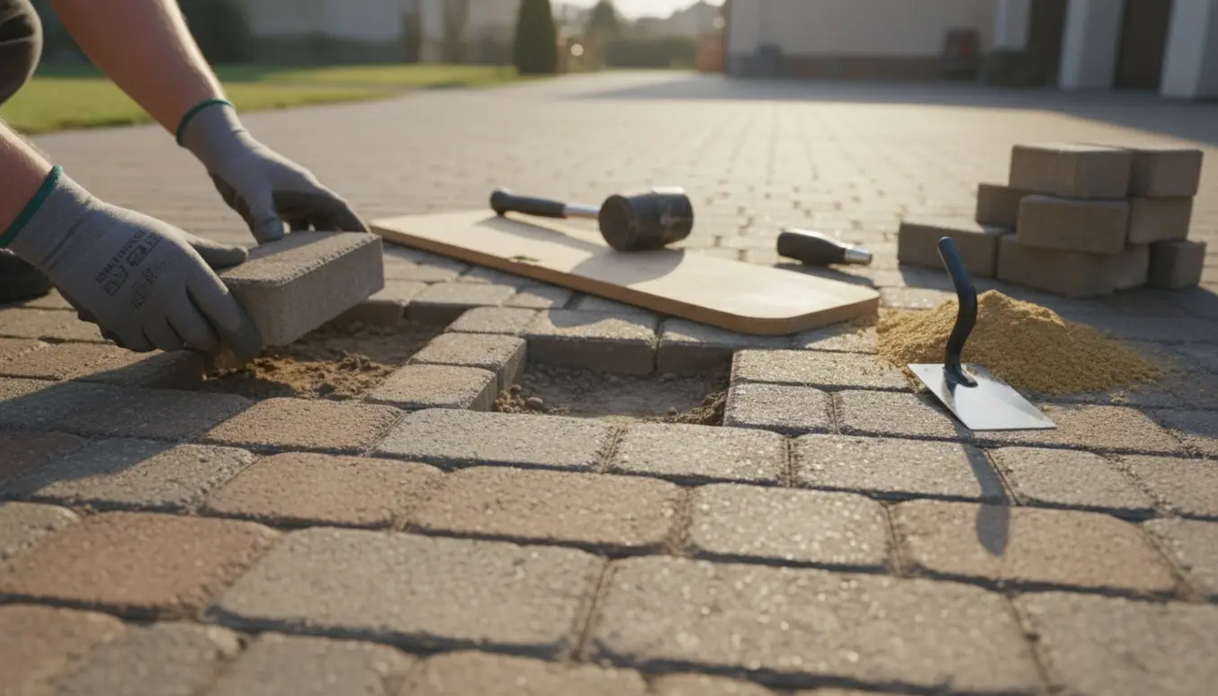 Hænder placerer en flise i et hul i indkørslen med ekstra fliser ved siden af.