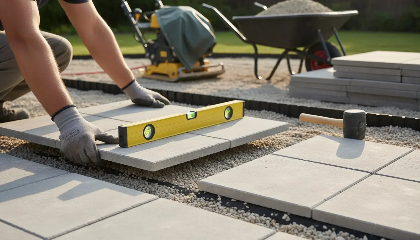 Nærbillede af fliser, der lægges på et komprimeret gruslag på en lille terrasse.