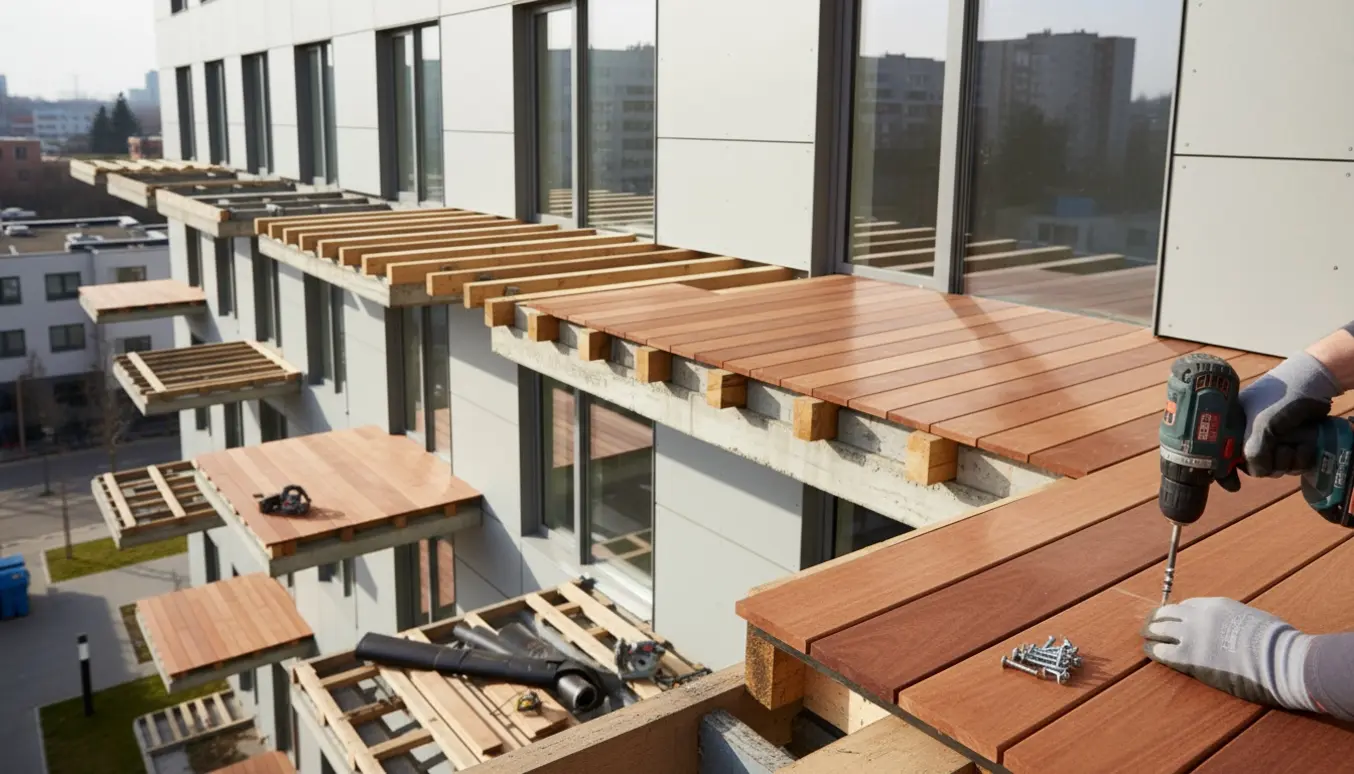 Renovering af flere altaner med nye strøer og brædder, værktøj og rustfri skruer i fokus.