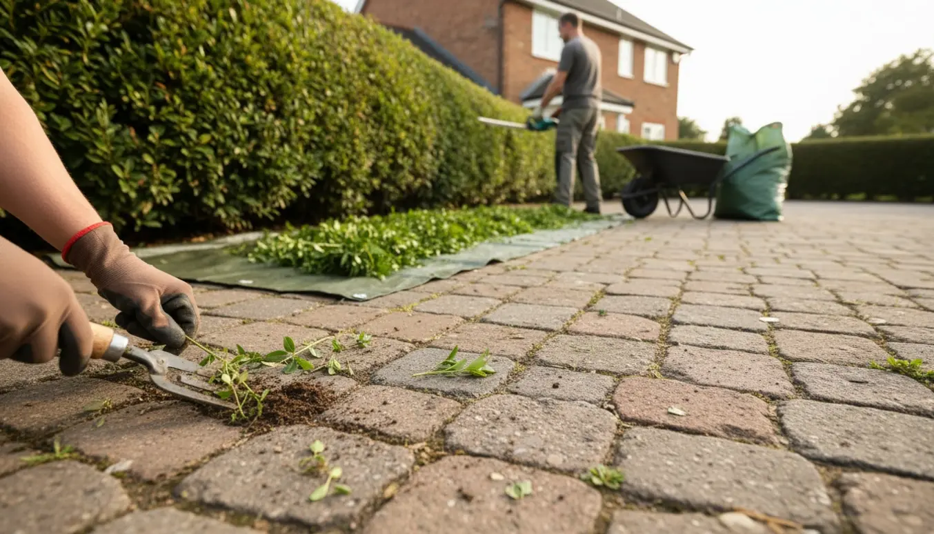 Lang ligusterhæk omkring et hus, set bagfra mens hækken klippes og ukrudt fjernes mellem fliser, med samlet haveaffald klar til bortskaffelse.