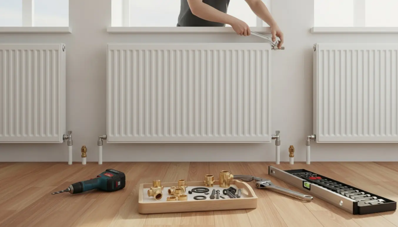 Installatør monterer en hvid panelradiator (50x120 cm) på en væg med værktøj og pakninger på et bord.