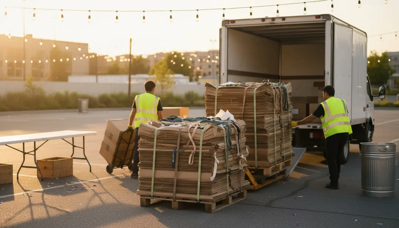 Paletter med sammenfoldet pap læsset ind i en varebil efter et event.