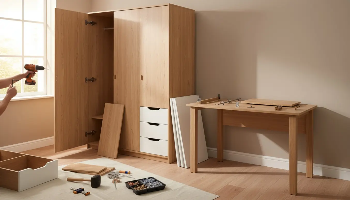 Delvist monteret garderobeskab og skrivebord i et lyst værelse med værktøj og hænder i arbejde.