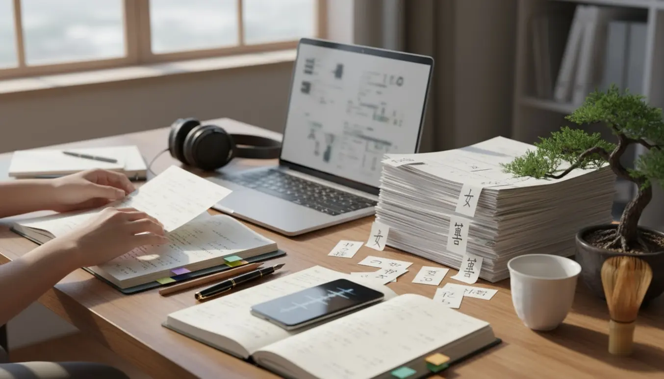 Arbejdsbord med bærbar, bunke sedler, noter og en lille bonsai, der illustrerer oversættelse til japansk.