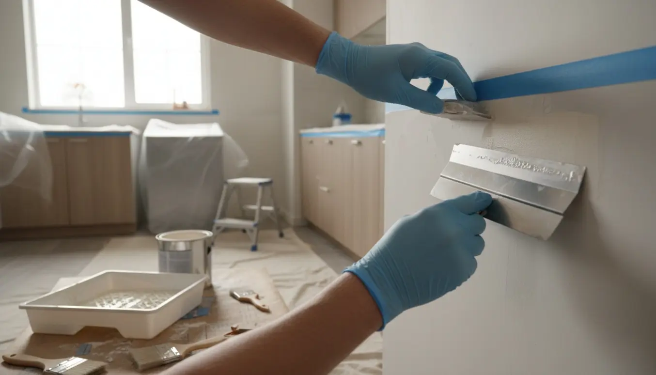Nærbillede af et lille køkken under renovering med spartling på væggen og malerværktøj klar.