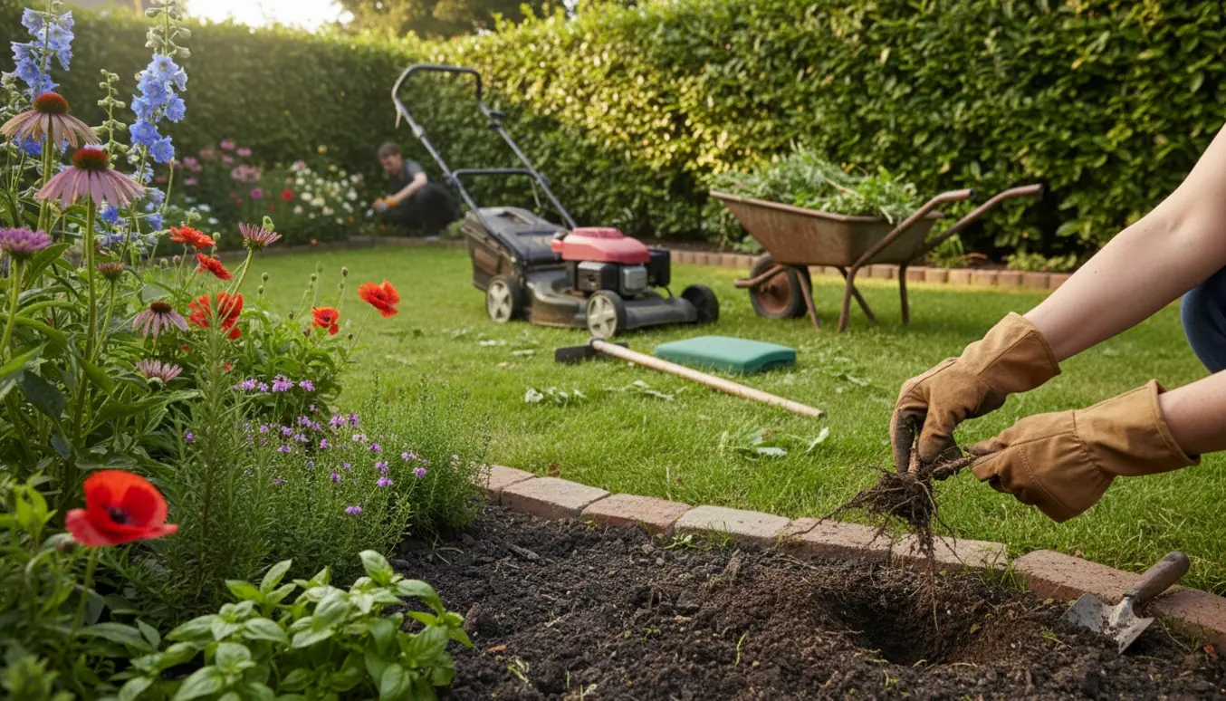 Hænder i handsker luger et blomsterbed i en solrig baghave med plæneklipper og trillebør i baggrunden.