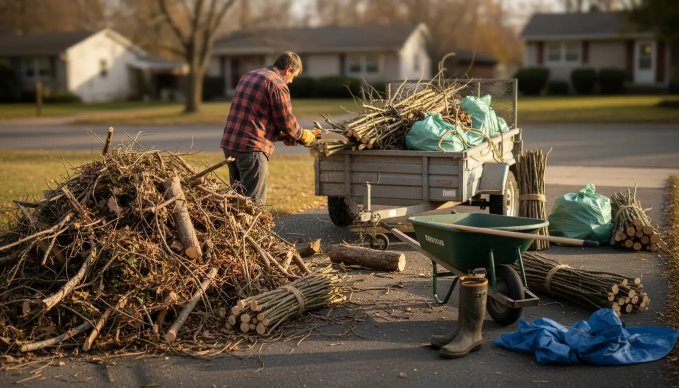 Stor bunke haveaffald og en trailer med opstablede grene, mens en person saver grene klar til aflevering.