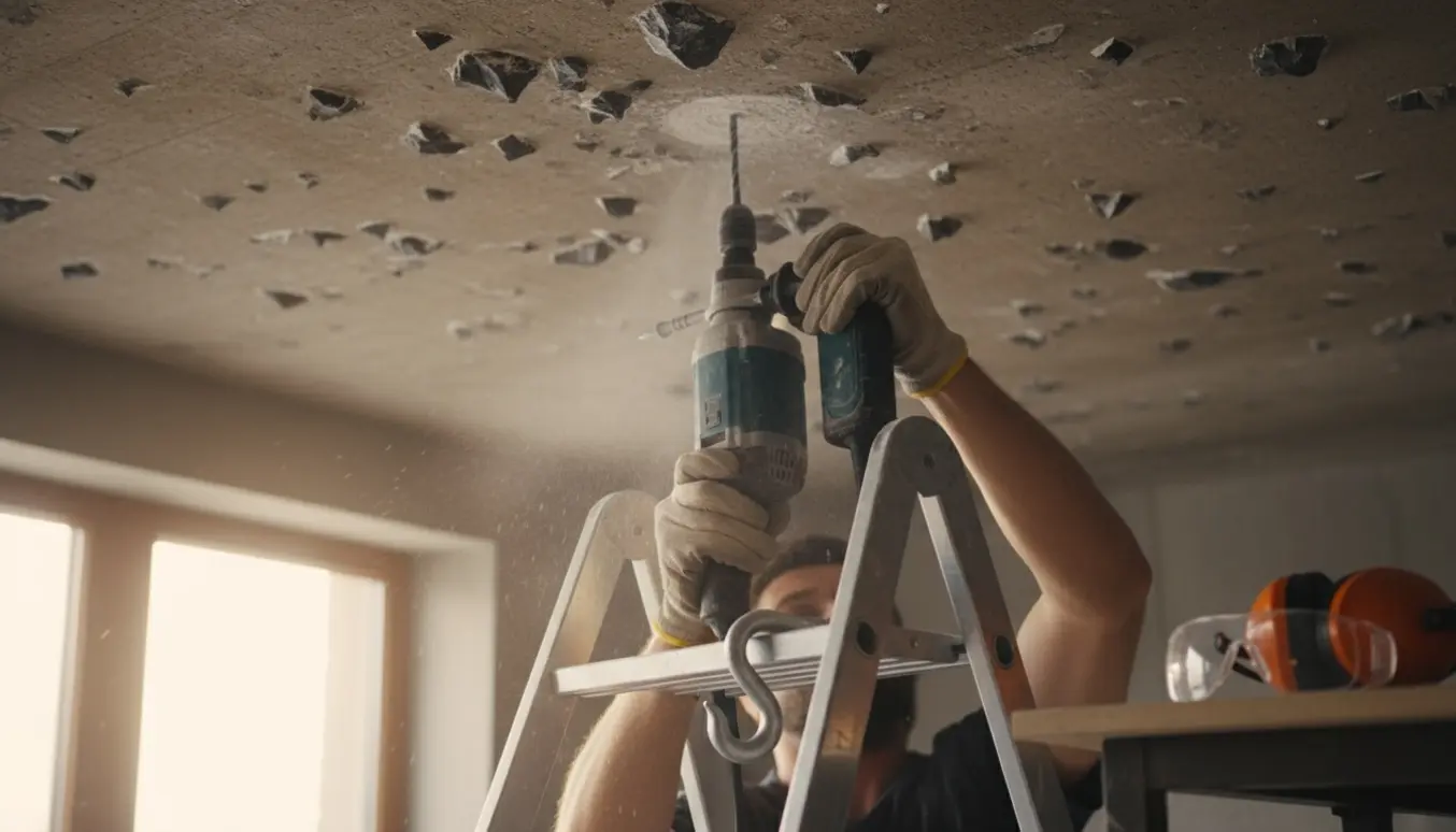 Nærbillede af hænder, der bruger et professionelt hulbor til at montere en lampekrog i et stenet loft.
