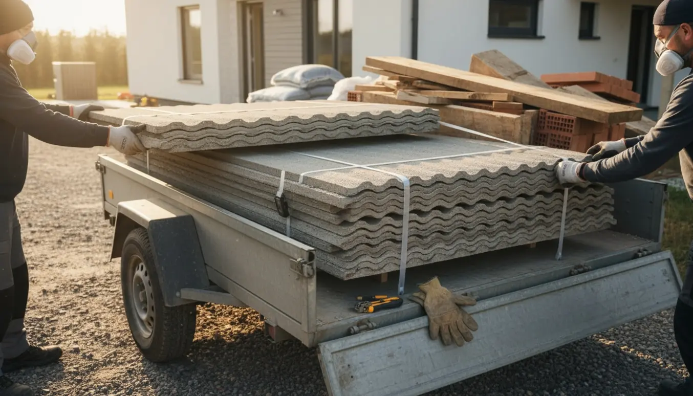 Beskyttede arbejdshænder læsser intakte eternitplader og byggematerialer i en trailer til bortskaffelse.