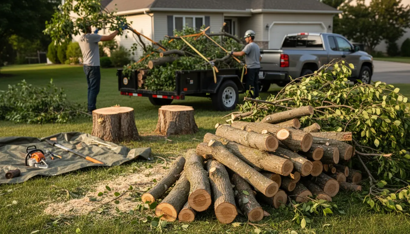 Trætoppe fra fældede træer læsses på en trailer i en have.