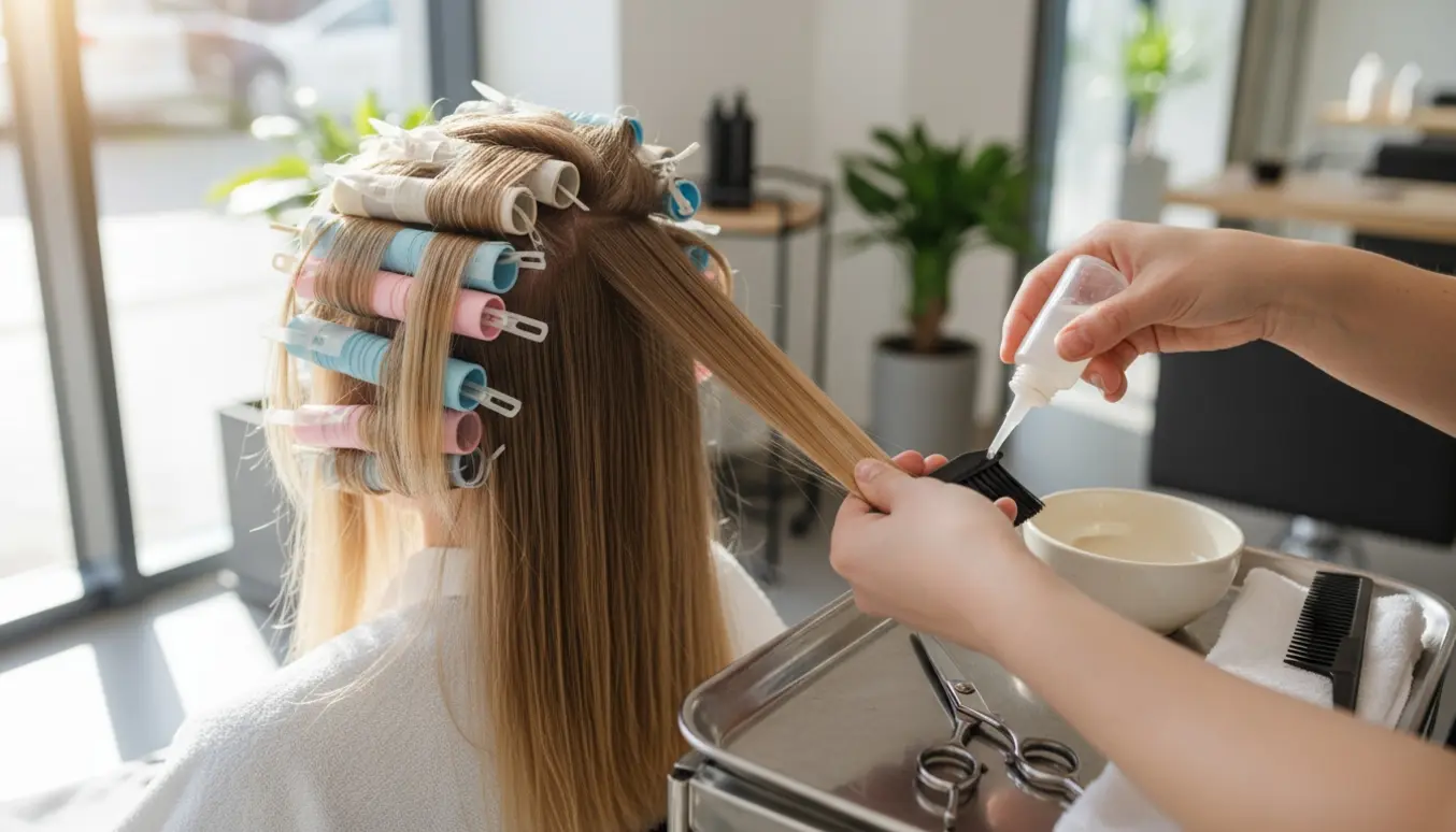 Næroptagelse af en salon, hvor en permanent udføres med ruller og saks, set bagfra.