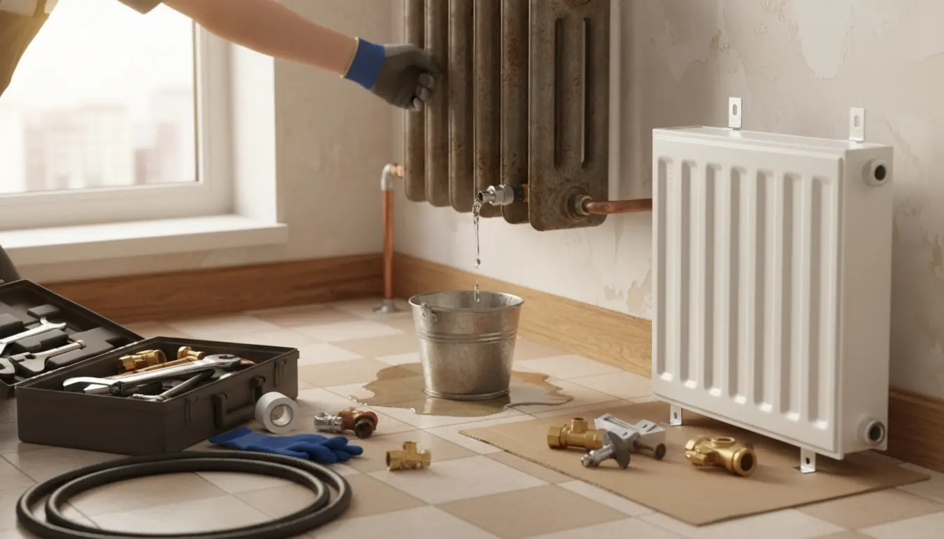 Hænder udskifter en utæt radiator i en lejlighed med dryppende rør og en ny radiator klar til montering.