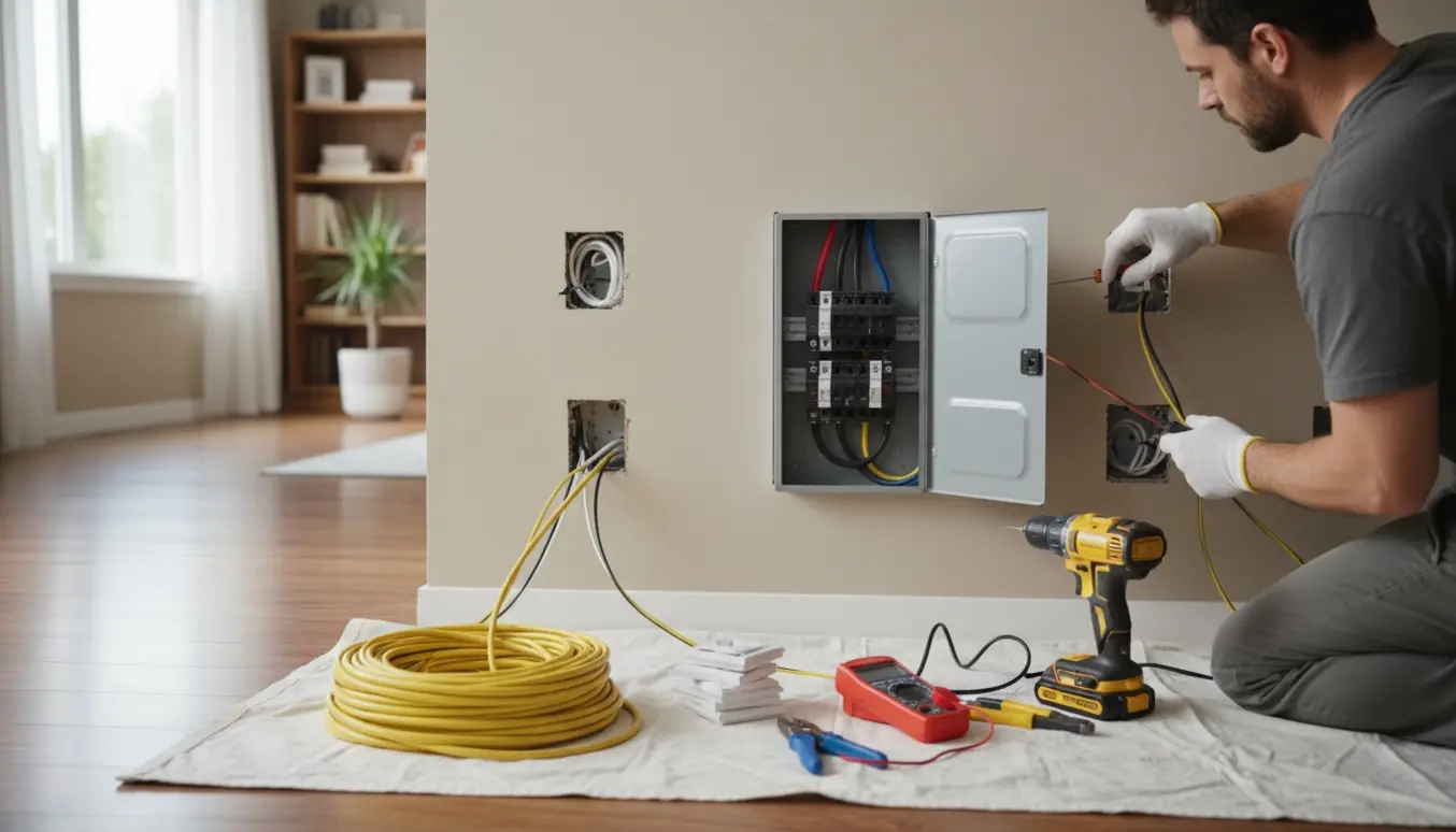 Ny el-tavle monteres med åbne stikkontakter, kabelruller og værktøj i et oplyst hjem.