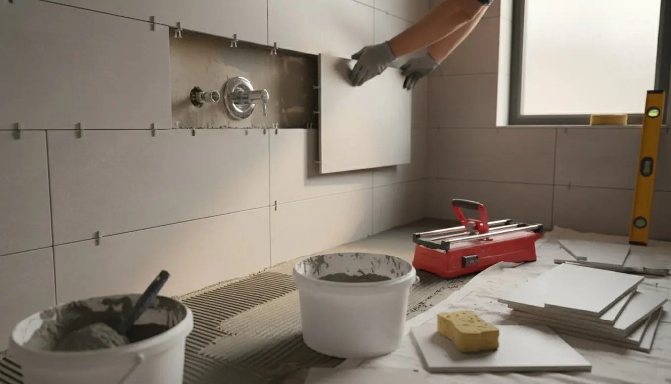 Nærbillede af flisearbejde i badeværelse med hænder, der lægger rektangulære fliser ved en bruseniche og synlige VVS-installationer.