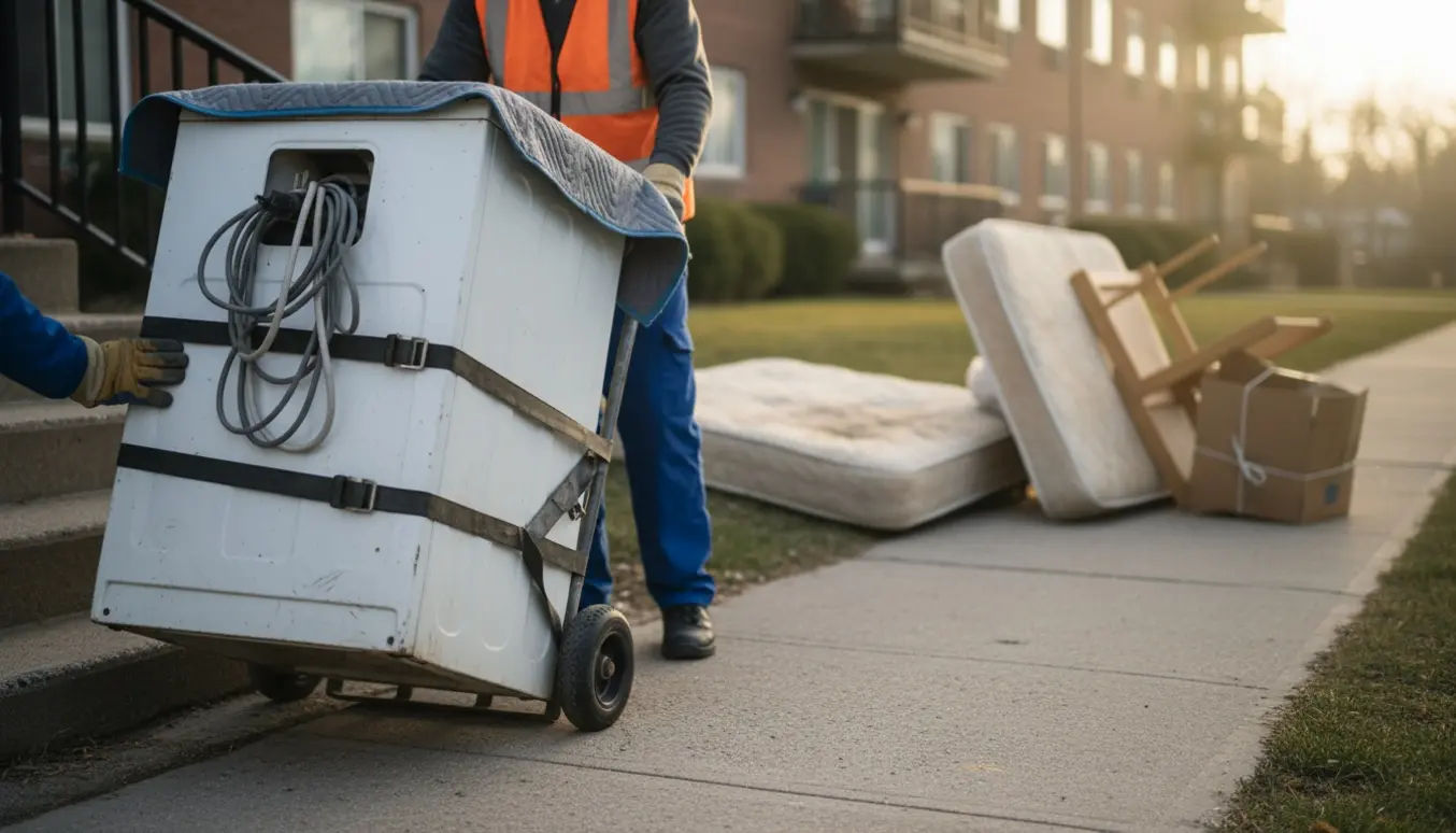 En vaskemaskine på en flyttekærre sikres med stropper og køres ned til fortovet til storskrald.