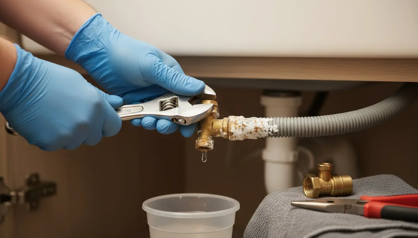 Nærbillede af en fastsiddende aftapningshane til opvaskemaskine under en køkkenvask med værktøj klar til at løsne eller udskifte den.