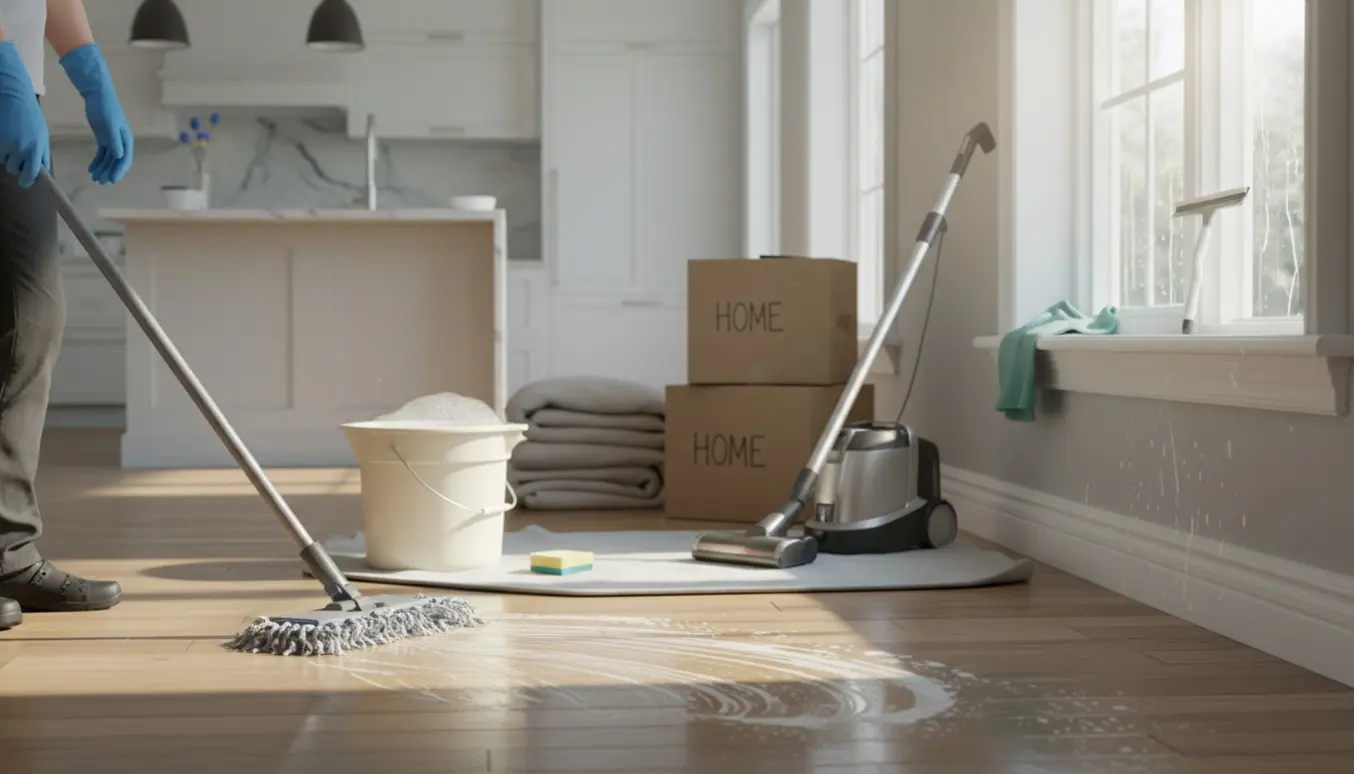 Lys, nyrengjort stue i et tomt hus med handsker, moppe, spand og flyttekasser i baggrunden.