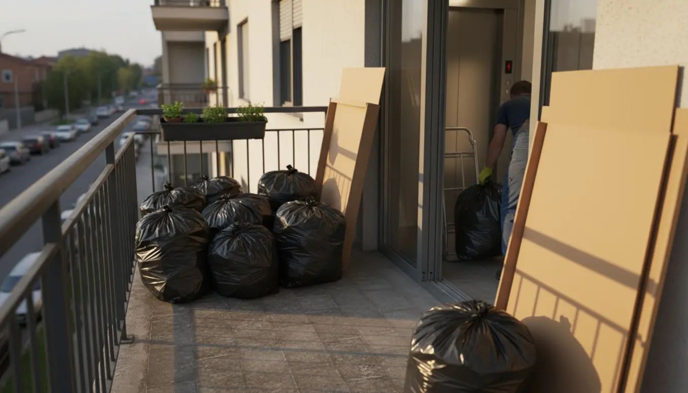 Altan på 3. sal med omkring 12–15 affaldssække og to store flade papkasser klar til afhentning, en person håndterer en sæk med handsker.