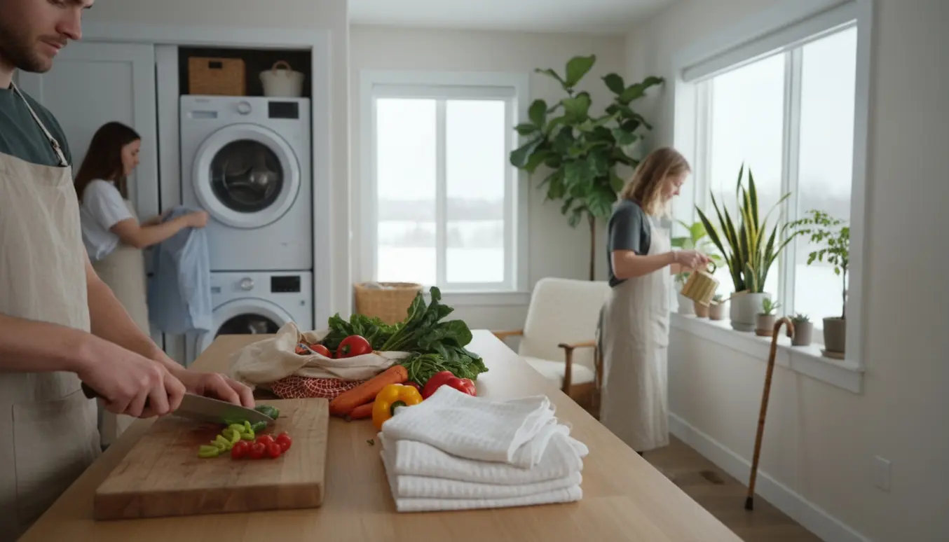 Hjemmehjælper prepares mad, vasketøj og vander planter i et lyst skandinavisk køkken.