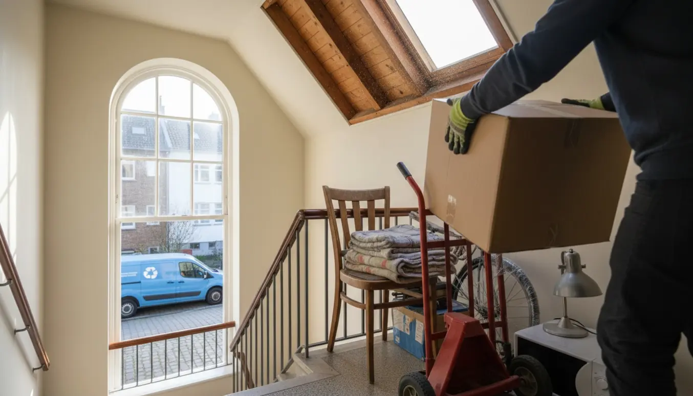 Person ses bagfra bære en kasse ned ad trappen fra et fælles tørreloft, klar til at køre ting til genbrugspladsen.