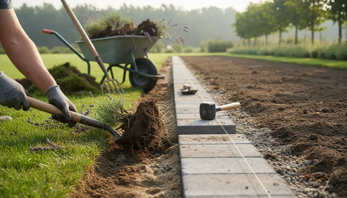 Nærbillede af opgravede lavendelplanter og anlæggelse af en flisekant langs græsplænen.