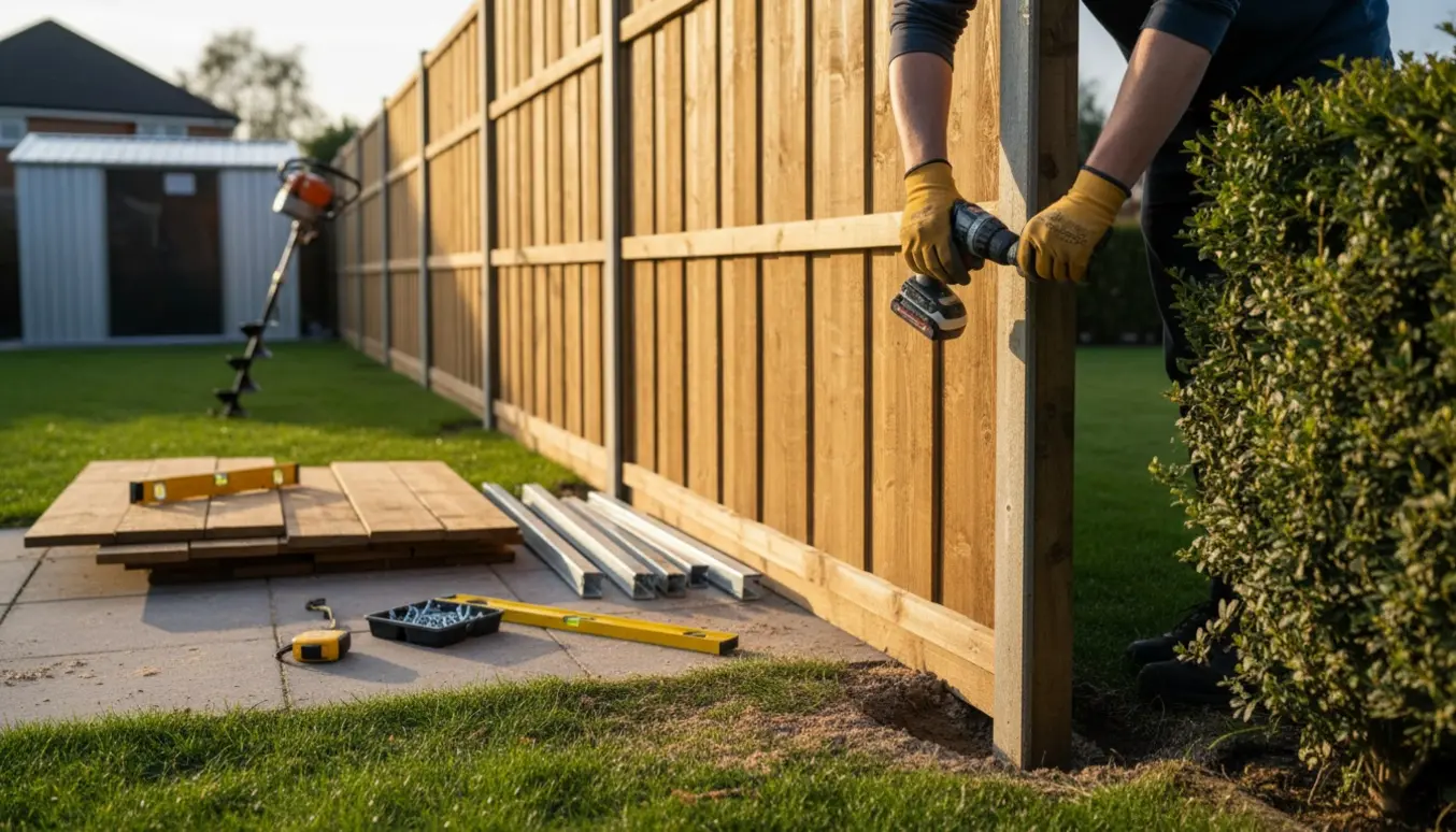 Montering af brunt trykimprægneret fer/not-hegn i en have med værktøj i forgrunden.