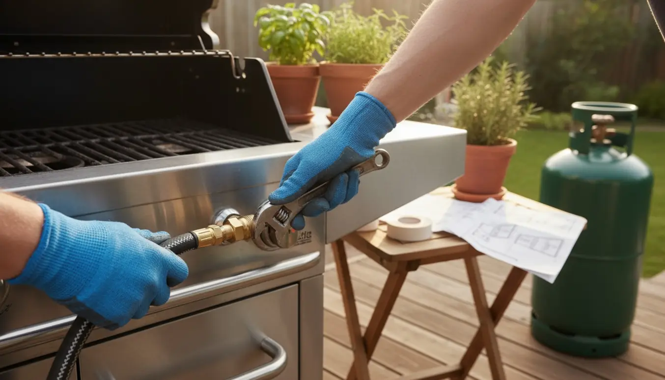 Hænder tilslutter gasregulator og slange til sidebrænder på en rustfri gasgrill på en træterrasse.