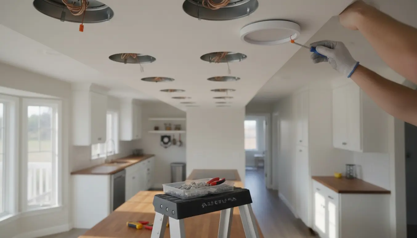 Hænder udskifter indbyggede LED-spots i et køkken fra en stige, med værktøj og reservedele på bordet.