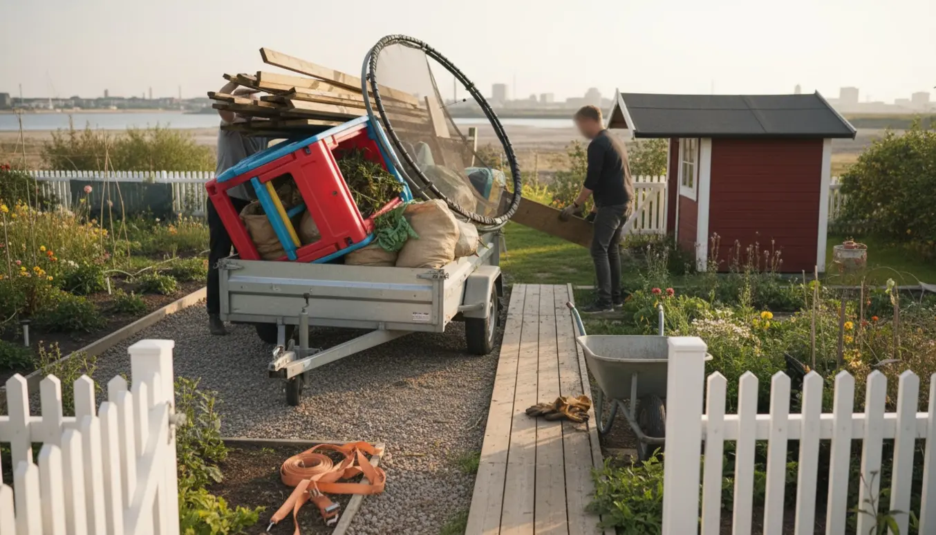 Traileren læsses med brædder, en plastiklegestue, trampolin og grønt affald uden for en kolonihave på Amager.