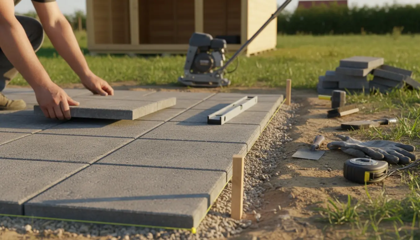 Nærbillede af store fliser, der lægges på forberedt sandbund til et skur med værktøj og græs omkring.