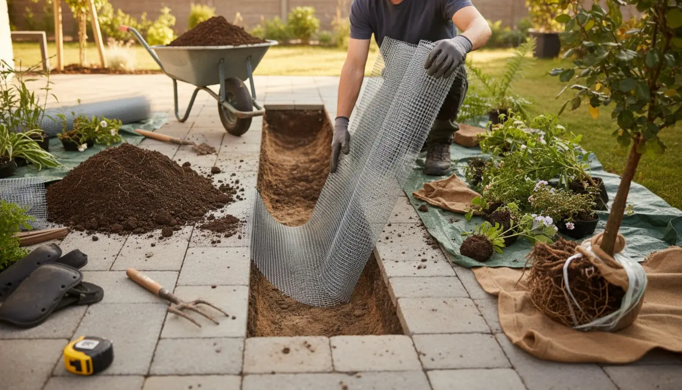 Grøft langs en terrasse med galvaniseret net lagt ned til rottesikring og planter midlertidigt placeret ved siden af.