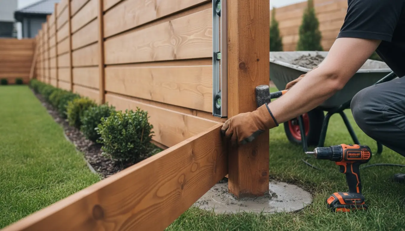 Nærbillede af opsætning af plankeværk i en baghave med stolper og klik-brædder.