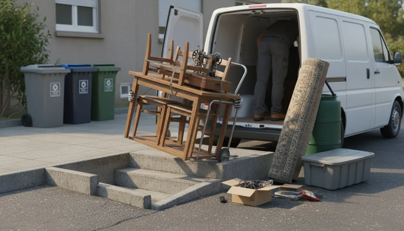 Flytteudstyr og brugte møbler på vej fra kældertrappe til varevogn, klar til aflevering på genbrugspladsen.