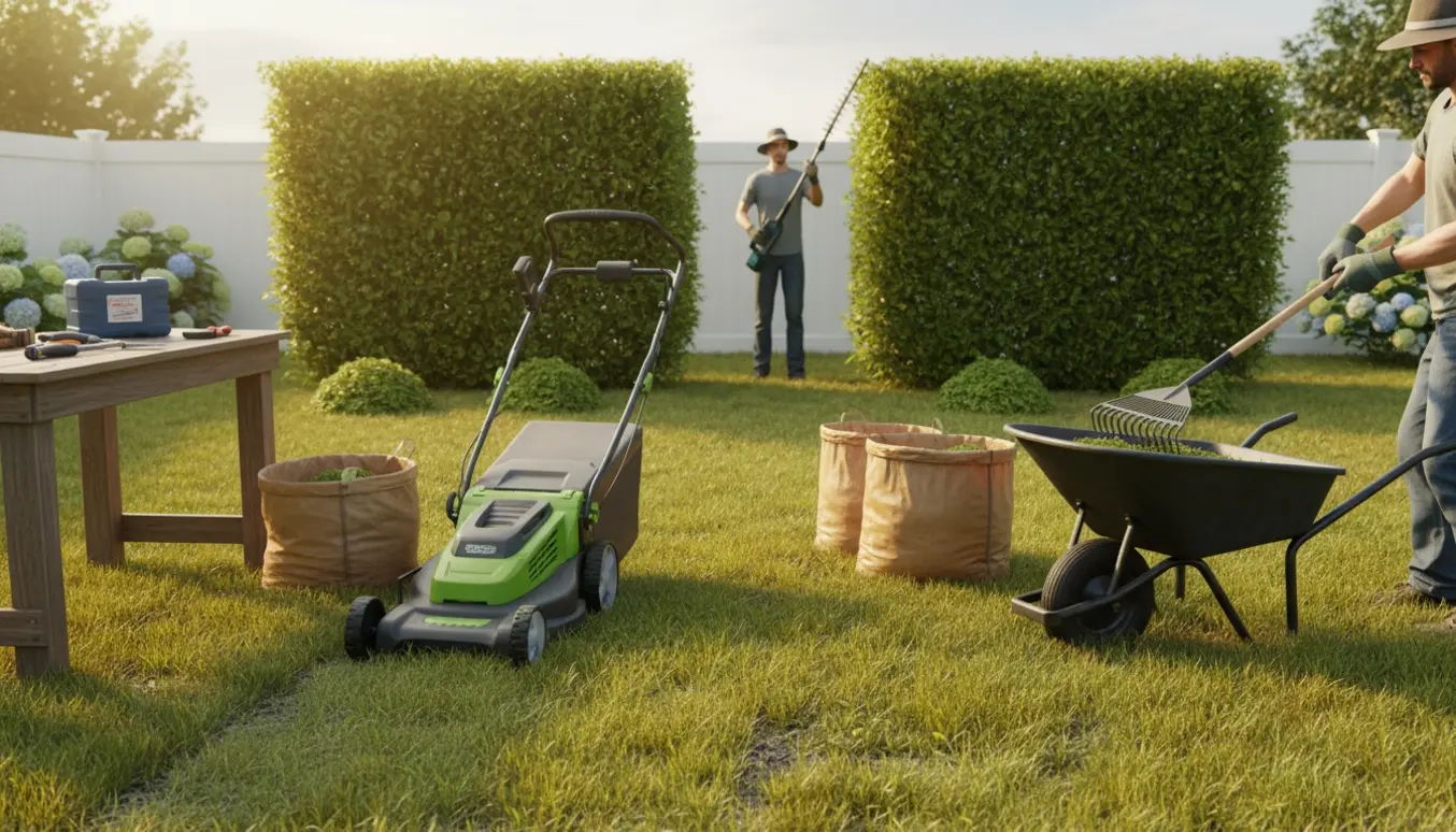 Havearbejde med plæneklipper og hækkeklipper, trillebør med nyklippede grønne afklip og hække nyskåret til hoftelængde.
