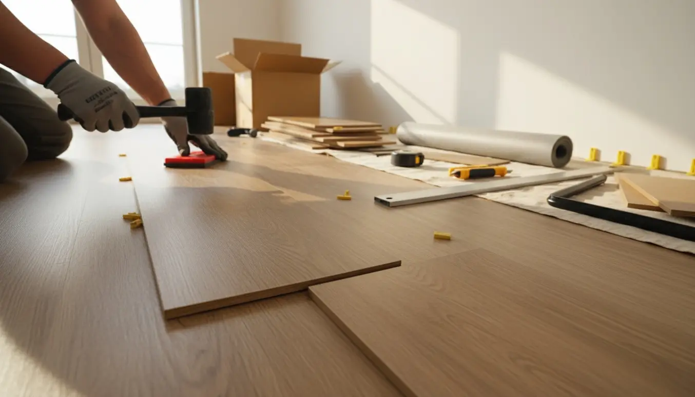 Hænder lægger vinylplanker i et lyst værelse med værktøj og materialer.