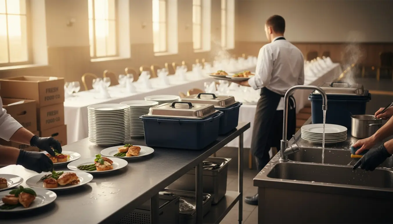 Hænder anretter mad og vasker op i et cateringsmiljø til en stor fest.