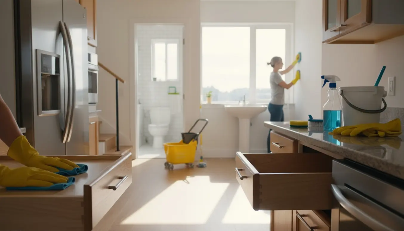 Handsker tørrer indvendige køkkenskuffer under fraflytningsrengøring med skinnende badeværelse og kældertrappe i baggrunden.