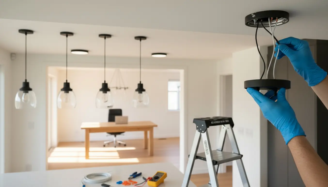 Hænder monterer en loftslampe i et lyst køkken med fem lamper under installation og to lamper i arbejdsværelset i baggrunden.