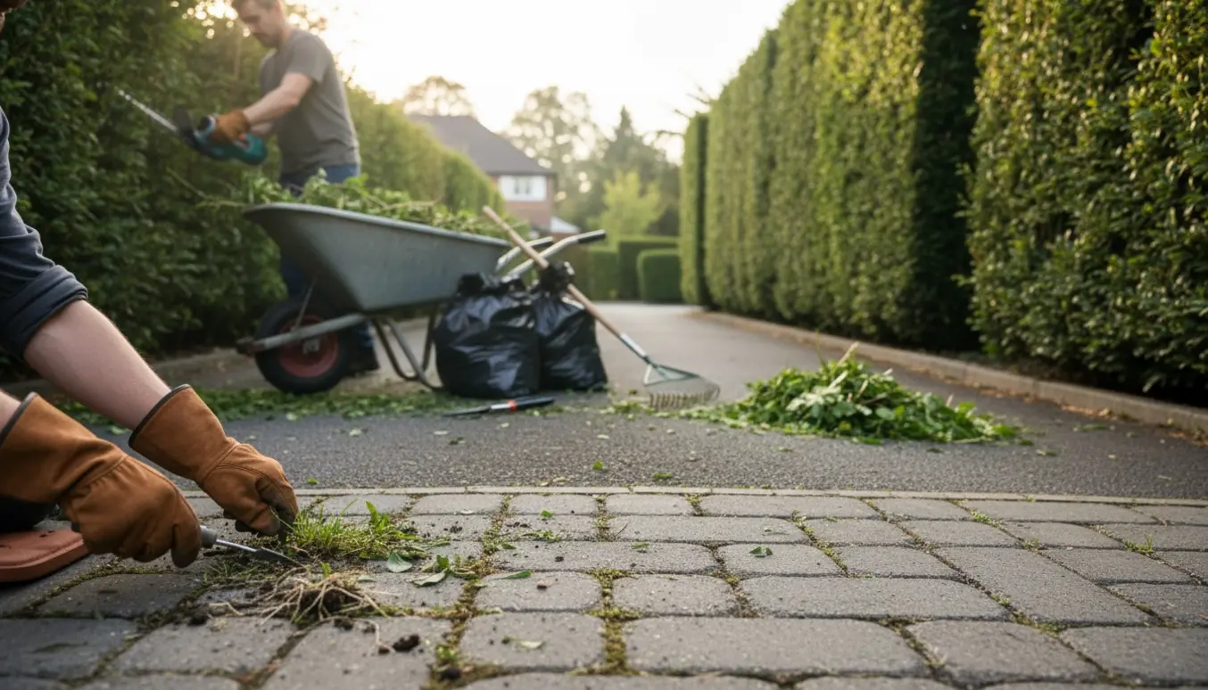 Indkørsel med nyklippede hække, fjernet ukrudt mellem sten og haveaffald samlet i trillebør.