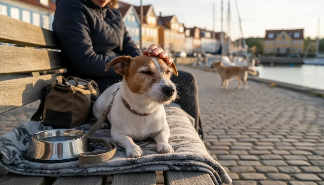 En jack russell bliver kærligt passet og klappet på en bænk ved Rønne havn på Bornholm.