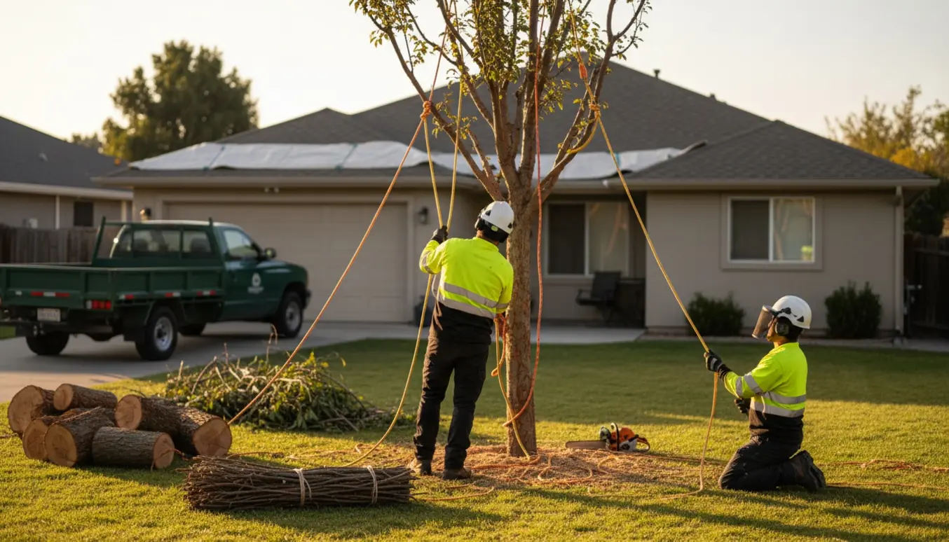 En arborist fælder omhyggeligt et 5 m træ i en parcelhushave med sikkerhedsudstyr og stablet brænde.