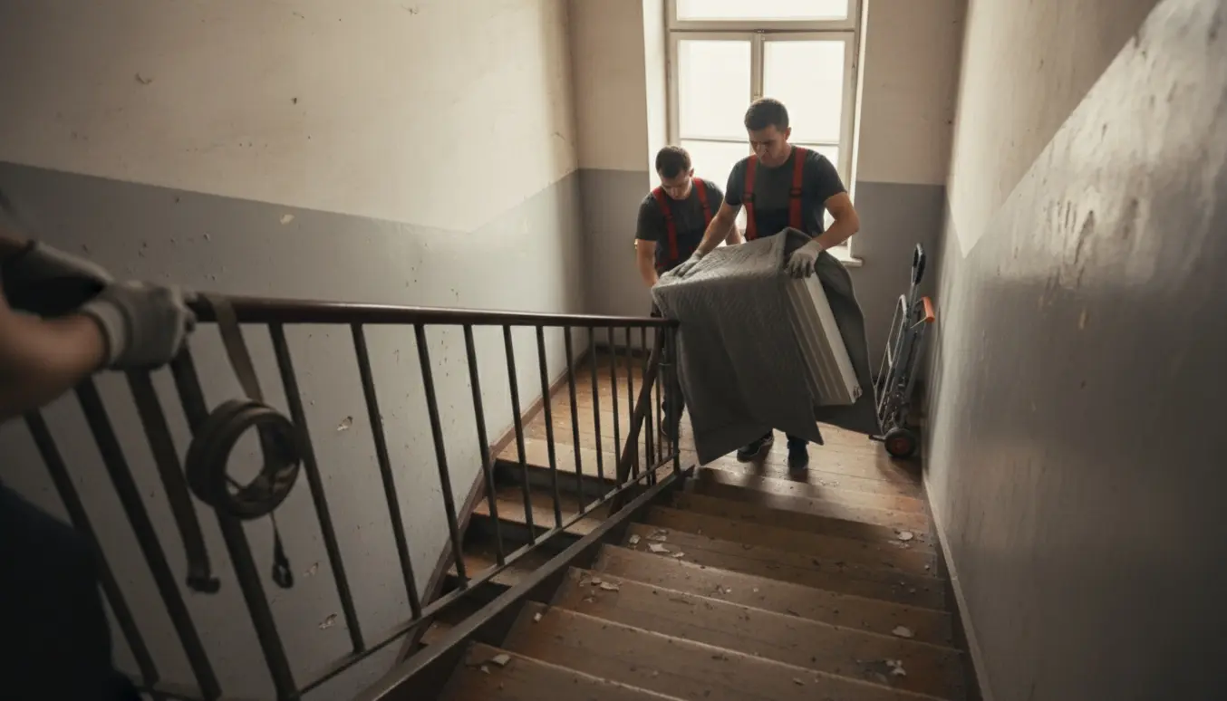 To flyttefolk bærer en indpakket panelradiator op ad en snoet bagtrappe uden synlige ansigter.